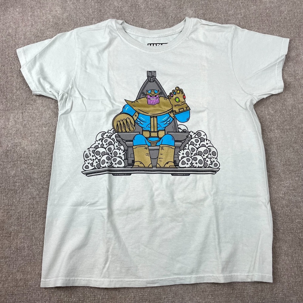 Marvel T Shirt Mens M White Thanos Sitting On A Throne Of Skulls Graphic Cotton